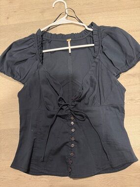 Free People Navy Puff Sleeve Tie-Front Blouse